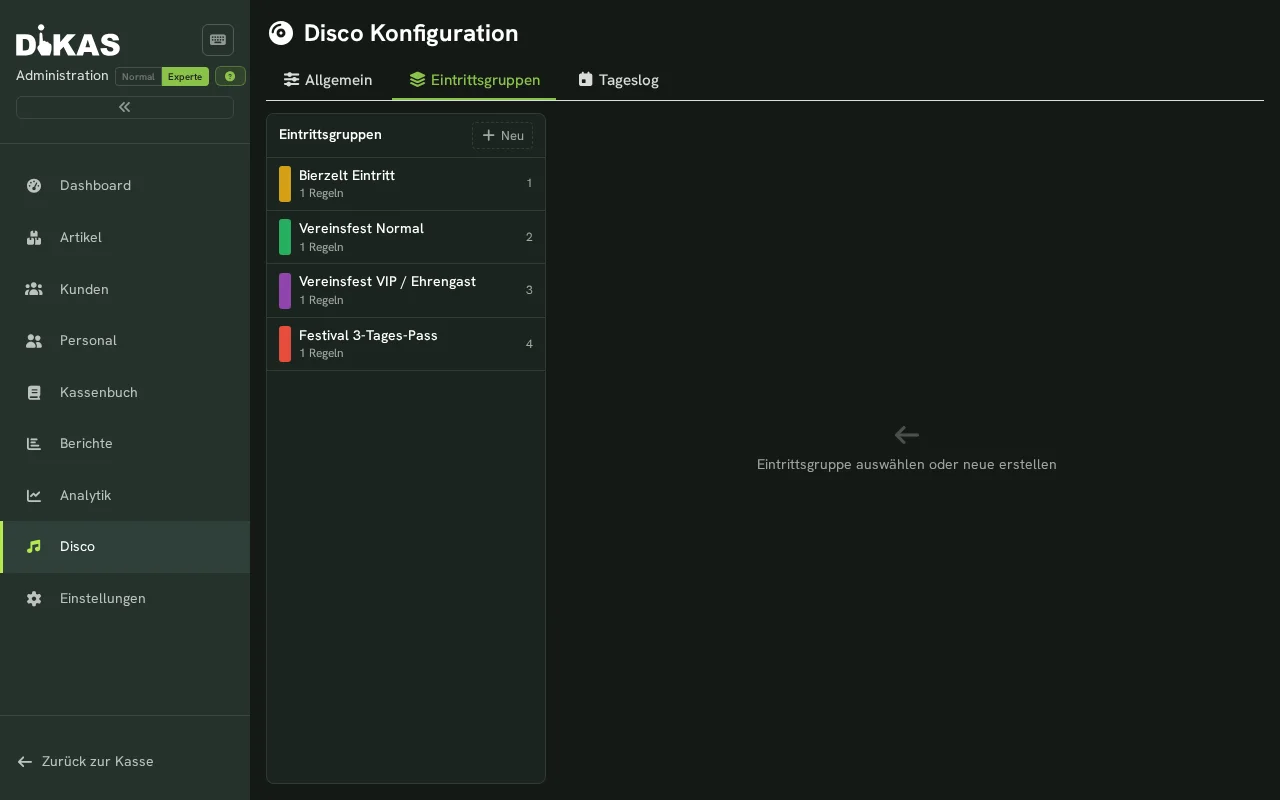 Disco — Eintrittsgruppen verwalten