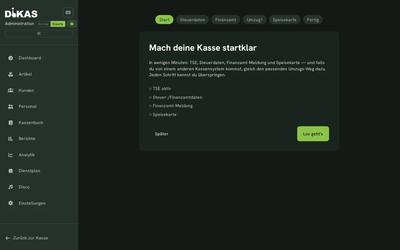 Assistent — „Mach deine Kasse startklar" mit Checkliste
