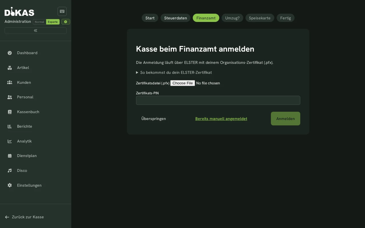 Assistent — Kasse beim Finanzamt anmelden (ELSTER)