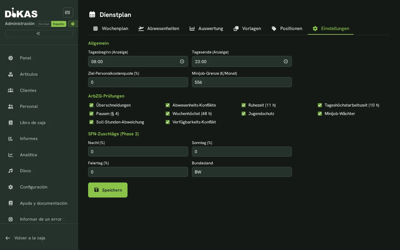 Administrador — Configuración del cuadrante: comprobaciones ArbZG y límite de minijob