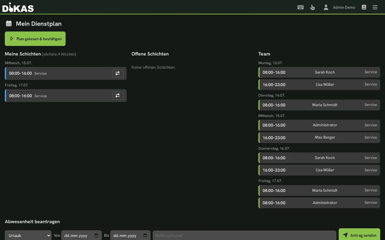 Caja — Mi cuadrante de turnos: turnos propios, equipo, autoservicio
