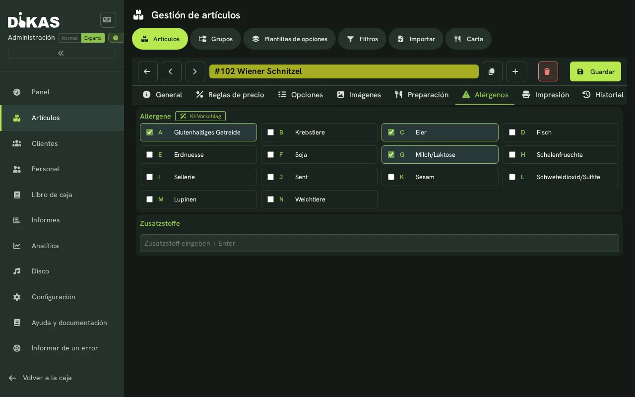 Configurar alérgenos