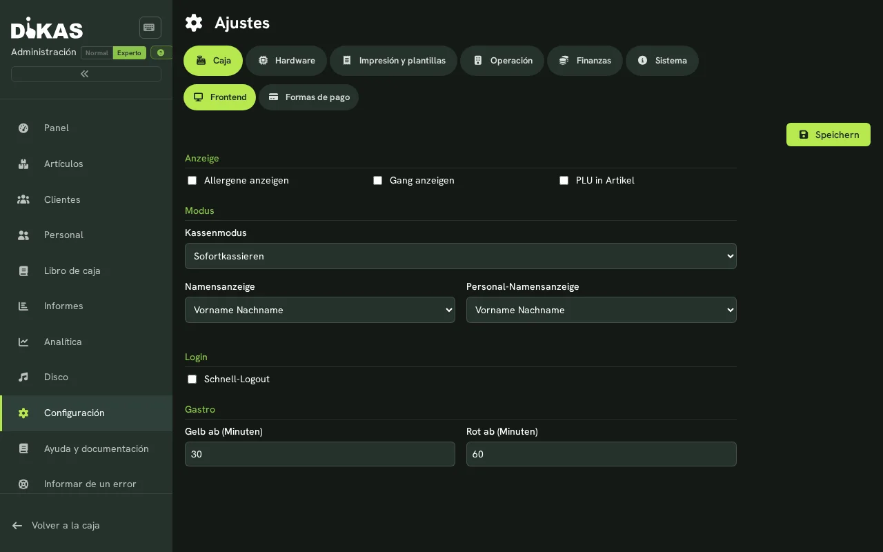 Ajustes de Punto de venta/Frontend