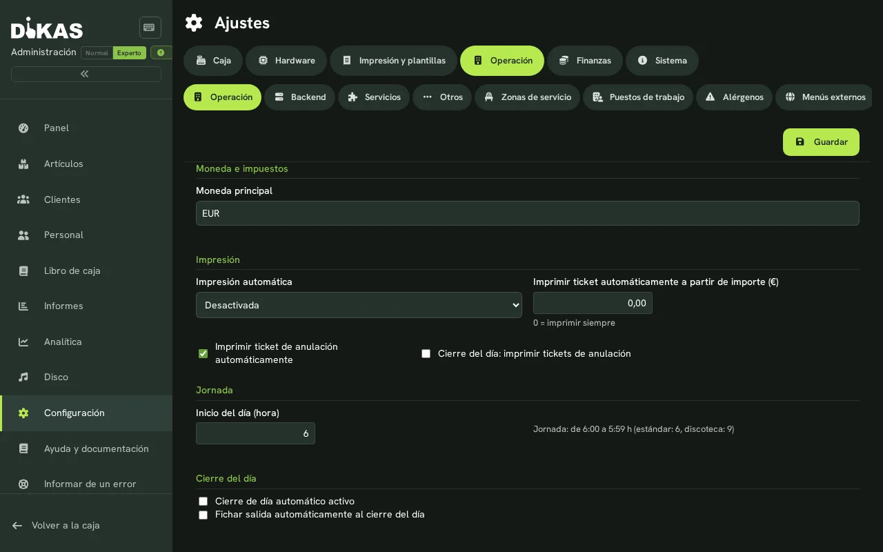 Ajustes de operación