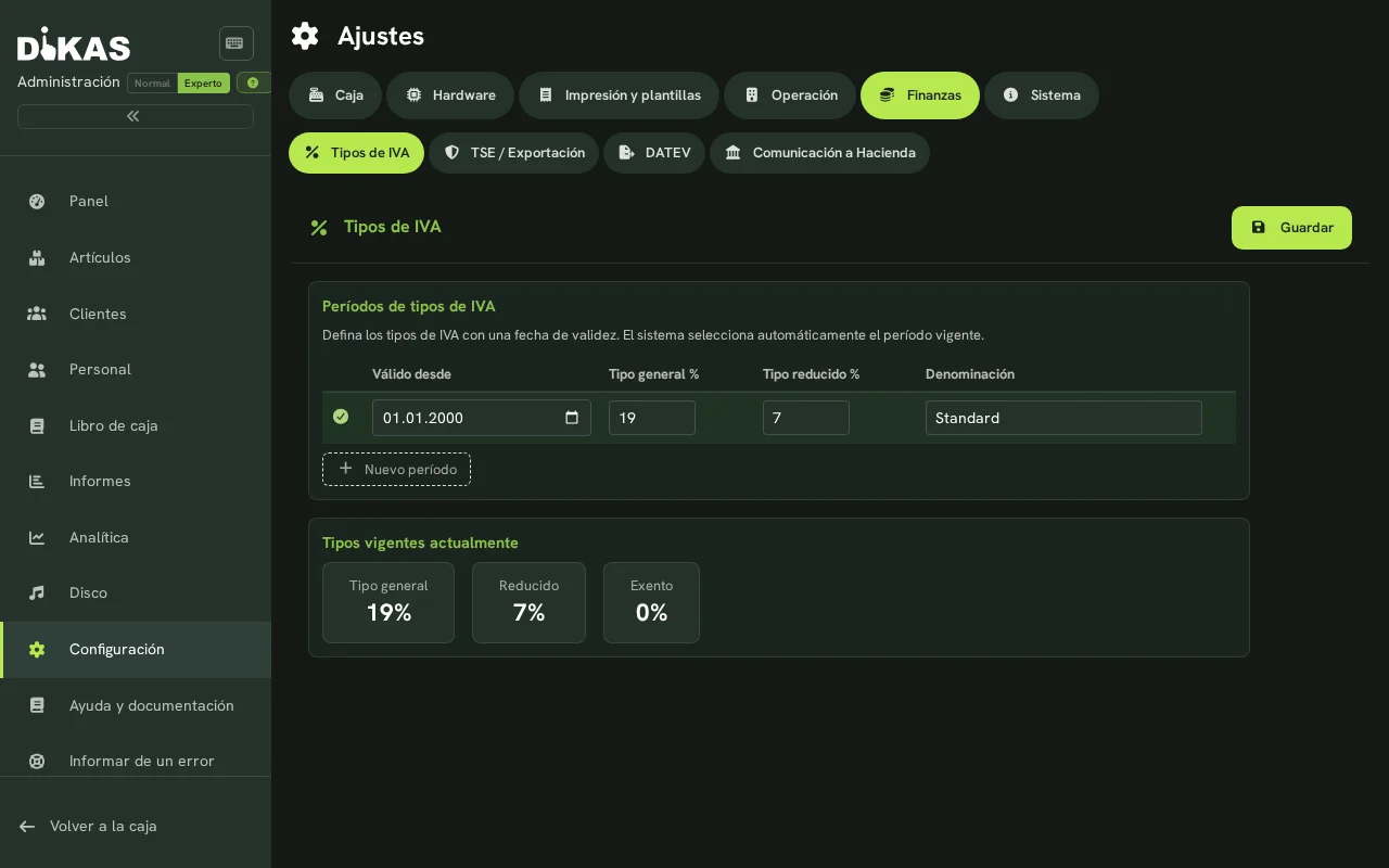 Configurar tipos impositivos