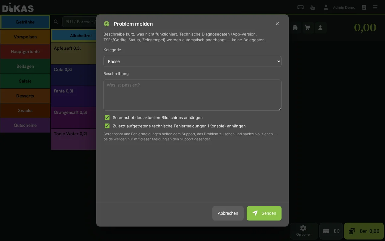 Notificar problema — diálogo con diagnóstico automático