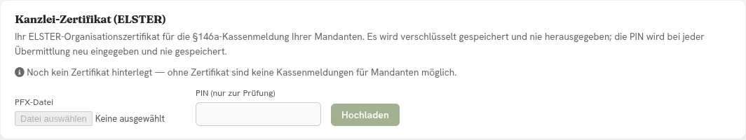 Kanzlei-Zertifikat (ELSTER) in den Cockpit-Einstellungen