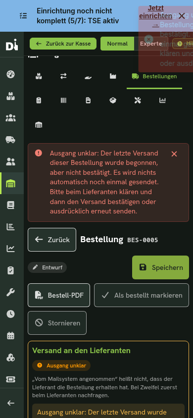 Bestelldetail am Handy: Versandstand Ausgang unklar mit den Knöpfen zum Bestätigen und erneuten Senden