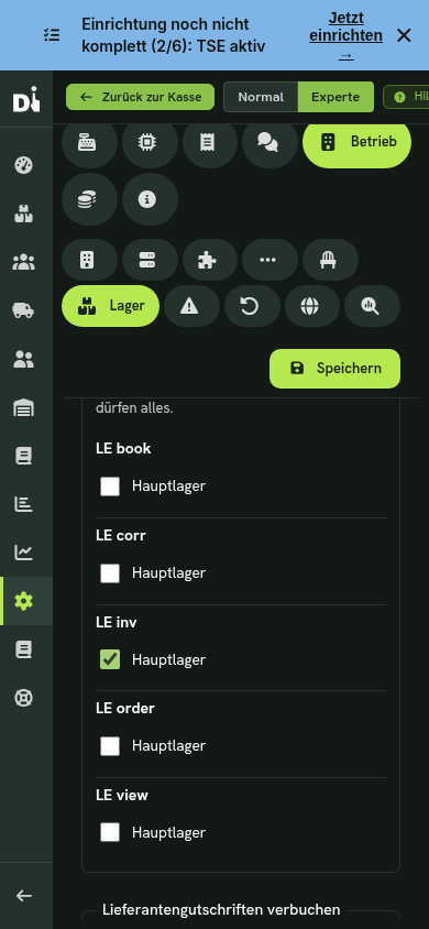 Einstellungen im Lager in der mobilen Ansicht
