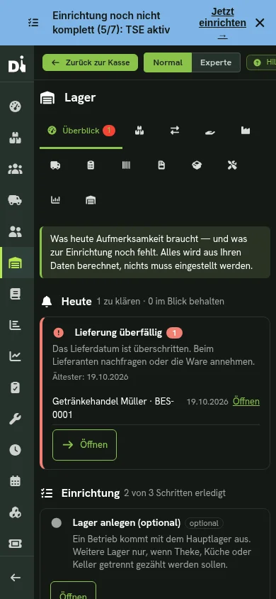 Überblick auf dem Handy: ein Hinweis „Lieferung überfällig" mit Zahl und ältestem Datum