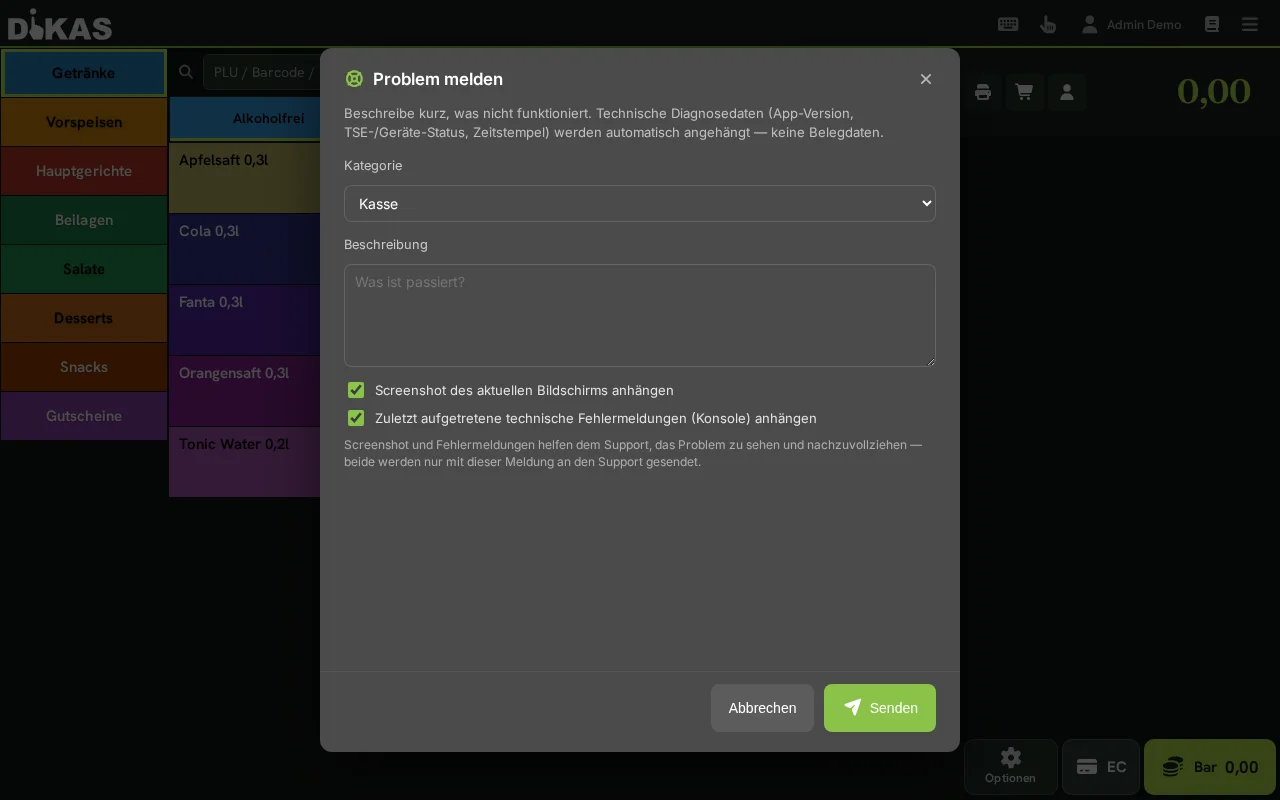 Problem melden — Dialog mit automatischer Diagnose