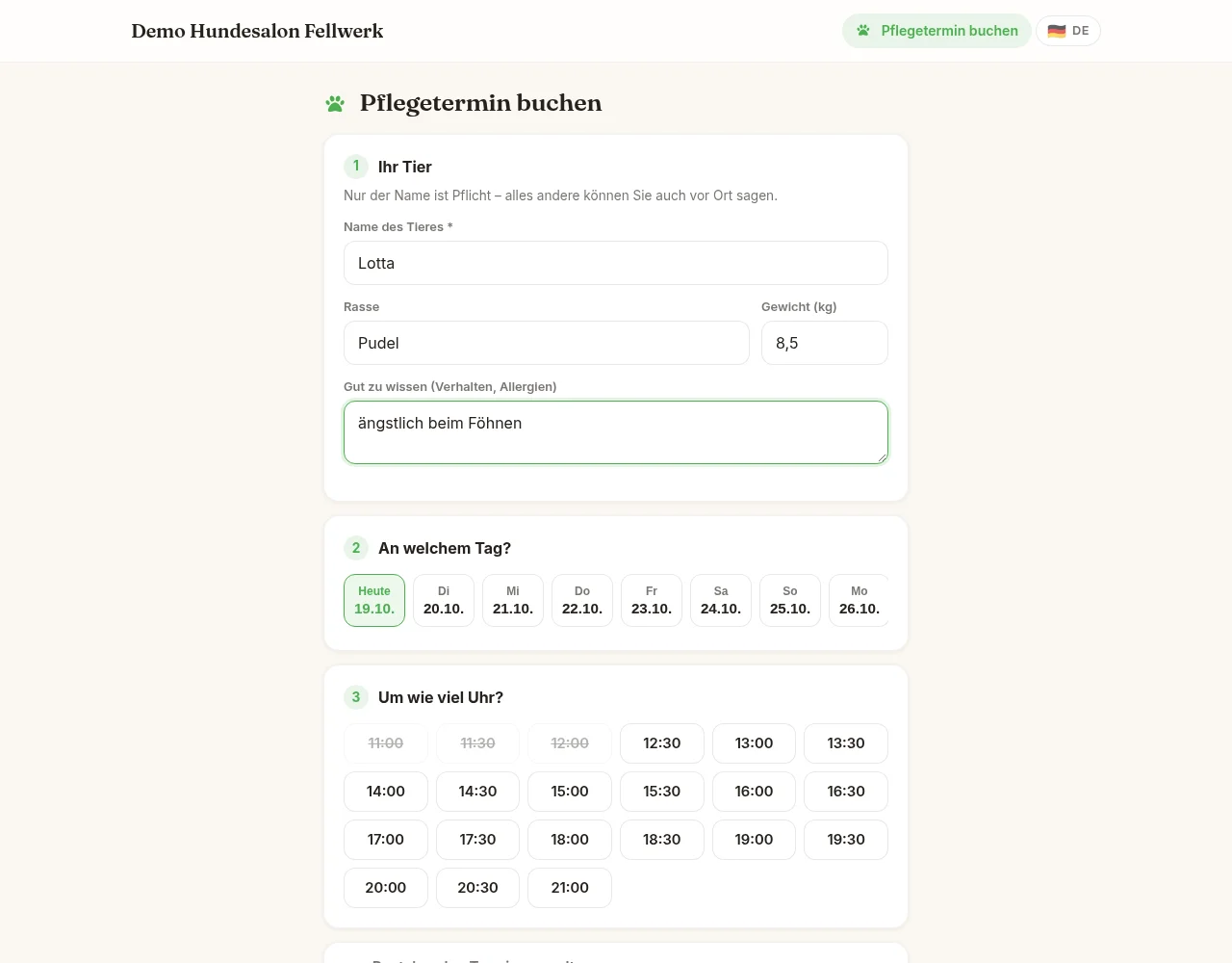 Buchungsseite für Gäste mit den Tierangaben